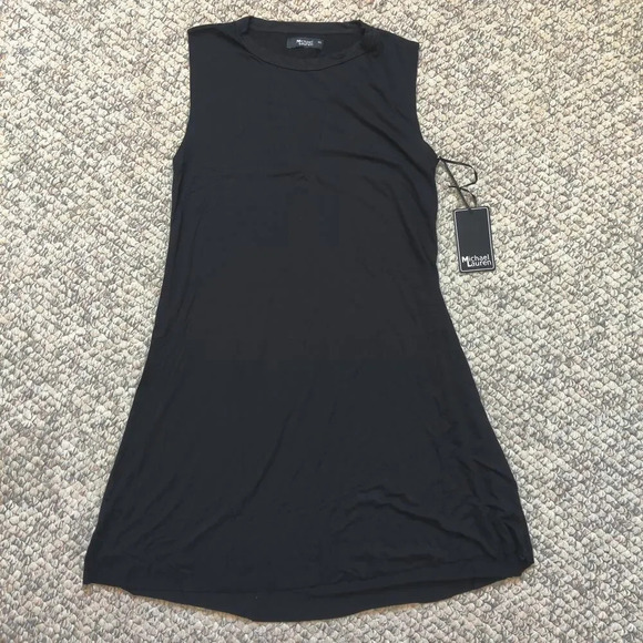 Michael Lauren Calder Black Dress Sz L with Neck Mesh Insert Sleeveless Hi-Low - Picture 6 of 7